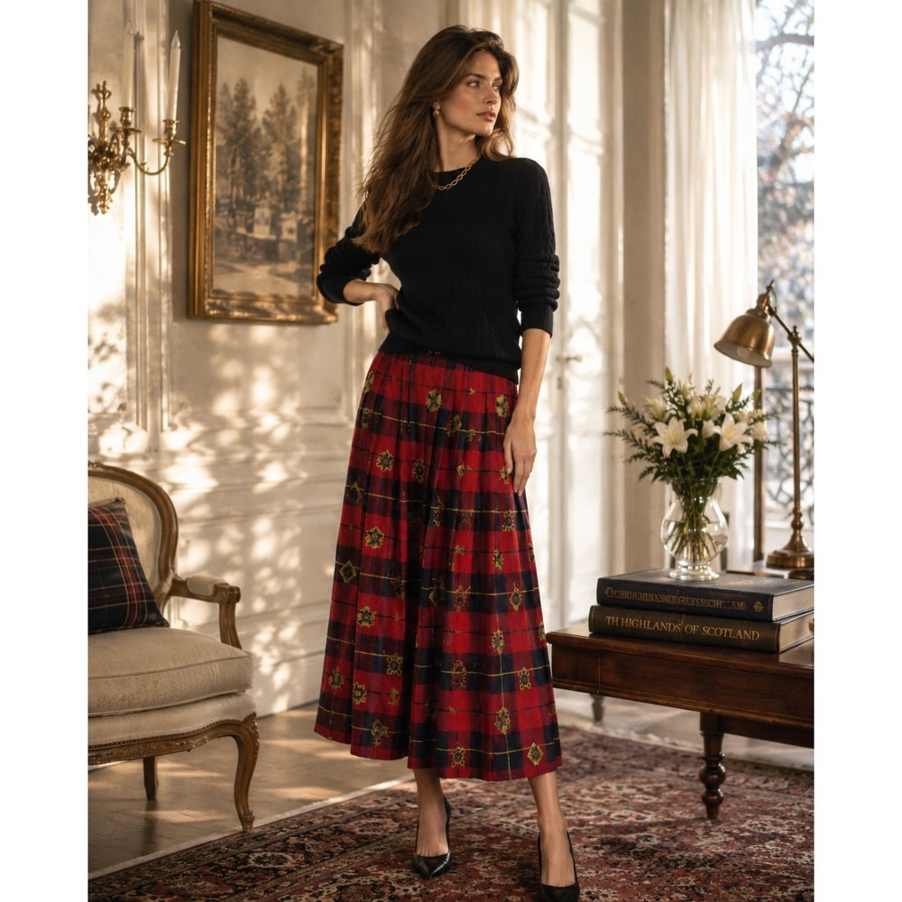 Vtg Chaus Red Plaid Equestrian Crest Pleated Midi Skirt S‎ 8 Academia Old Money